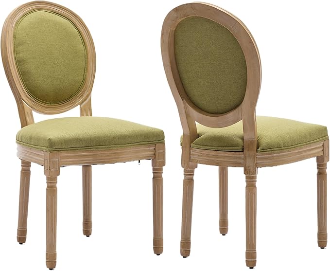 Vintage French Dining Chairs Set of 2, Round Back Upholstered Accent Chairs in Linen Fabric with Solid Wood Frame, Farmhouse Sillas de Comedor for Dining Room & Kitchen, Olive Green