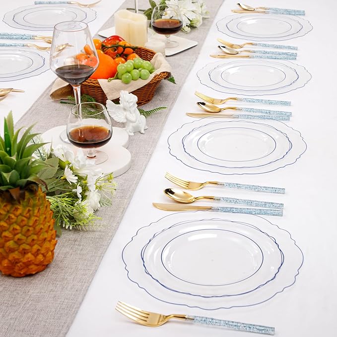 Liacere 150PCS Clear and Blue Plastic Plates-Clear and Blue Disposable Plates with Glitter Bamboo Handle Cutlery-60 Baroque Elegant Plates, 30 Forks, 30 Spoons, 30 Knives for Wedding＆Christmas