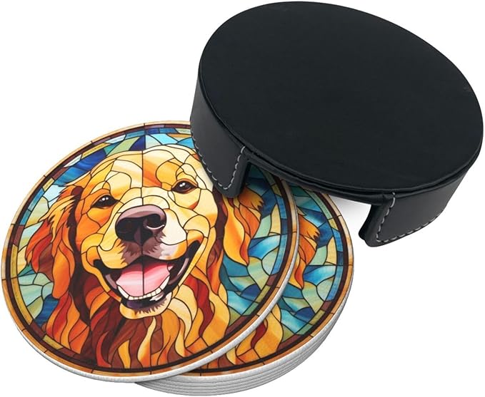Drink Coaster Set of 6, Golden Retriever Dog Mom Lover Gift,Leather Drink Coasters with Holder,6 Pack Cup/Bar/Drink Coasters for Table/Drinks/Coffee Protection Housewarming Gift