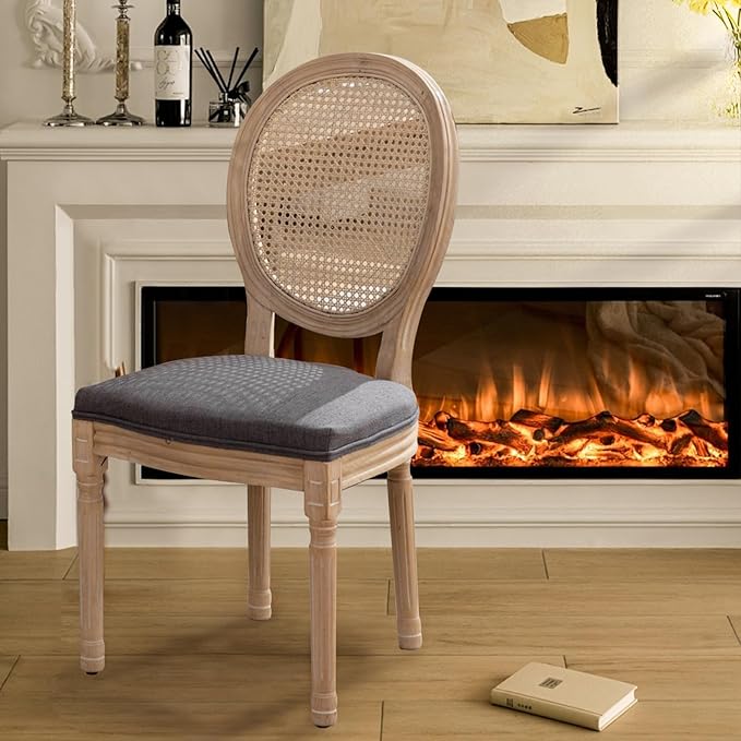 SoarFlash French Dining Chairs Set of 2, Vantage Dining Chair with Round Back, Wood Leg Farmhouse Country Rattan Dining Chair for Kitchen,Bedroom,Deep Grey