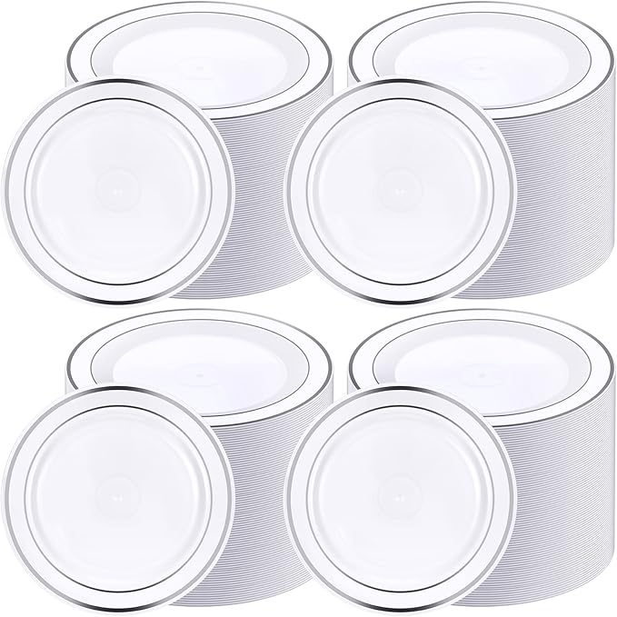 Sieral 200 Pieces Disposable Plates Plastic Party Plates with Rim Hard Plastic Appetizer Salad Dessert 7.5 Inch Elegant Heavy Duty Tableware for Dinner Wedding Party Supplies(Silver Rim)