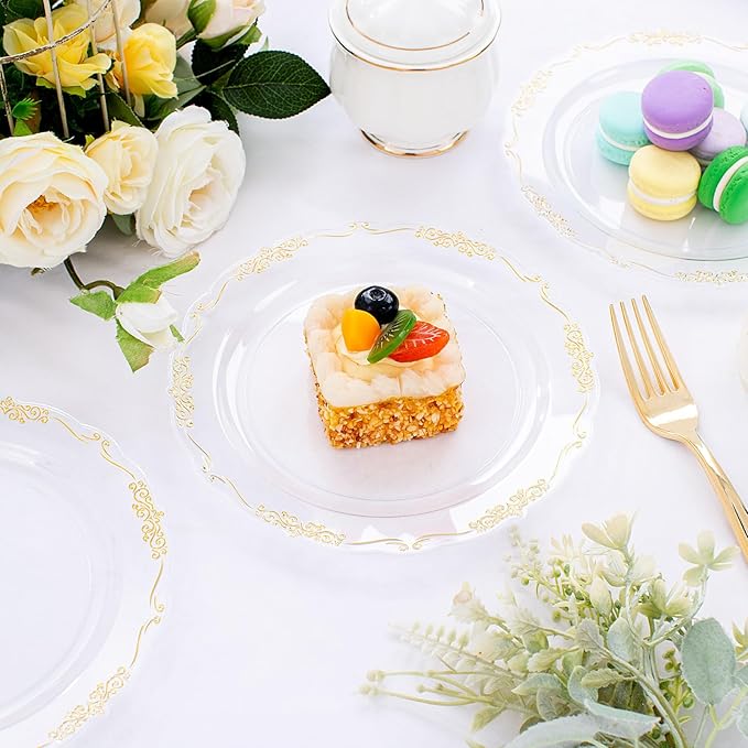 DaYammi 60PCS Clear Plastic Plates Heavy Duty Clear Disposable Plates 7.5” Fancy Gold Dessert Platos Small Cake Plates Appetizer Platos Hard Round Plastic Disposable for Wedding and Party
