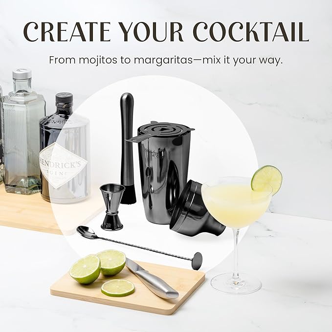 Mixology & Craft Cocktail Shaker Set with Dark Bamboo Stand - Professional 10-Piece Bartender Kit - Complete Bar Set & Cocktail Mixer Kit for Home (Gun Metal)