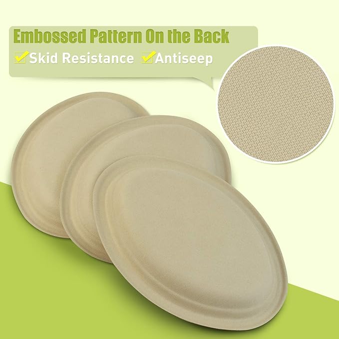 Green Earth, 10-Inch, 125-Count, Compostable Plates, Natural Bamboo Fibers, Everyday Tableware - Biodegradable Disposable Oval Shape Microwave-Safe Gluten-Free Eco-Friendly