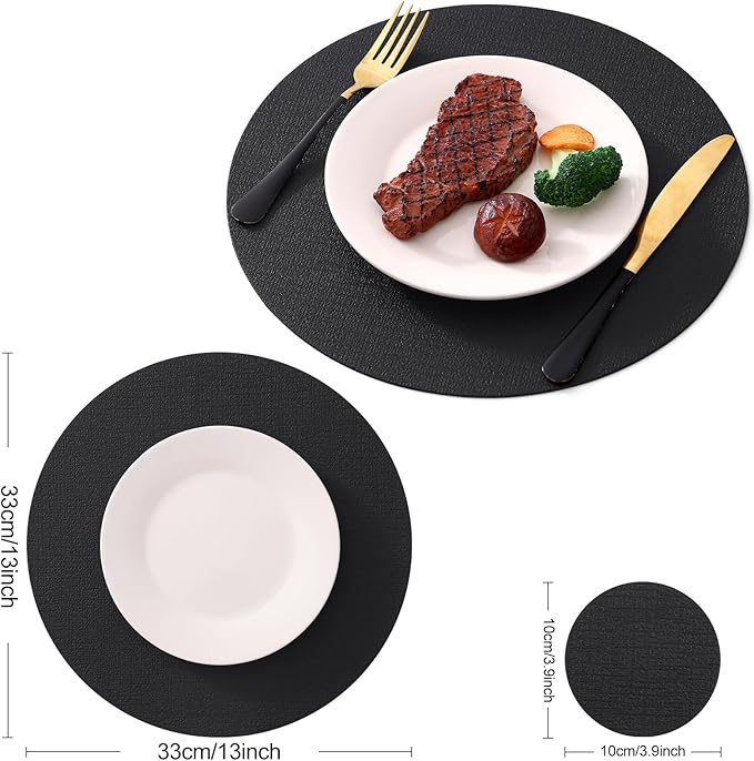 Homaxy Round Faux Leather Placemats and Coasters, Washable Dual-Side Table Mats, Wipeable Heat-Resistant Dining Place Mats for Outdoor and Indoor, Set of 4, Diameter 13 and 3.93 inch, Black