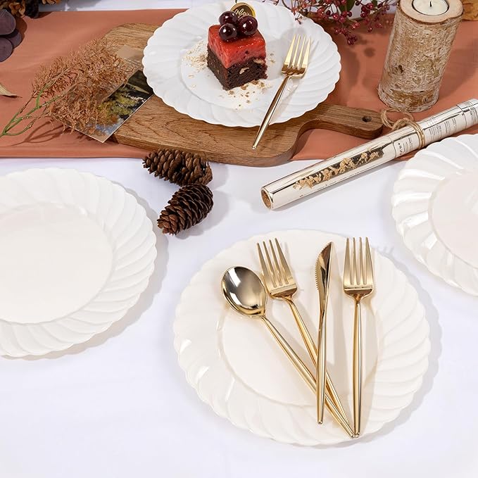 U-QE 100 Count 9 Inch Ivory Plastic Plates for Valentine's Day - Scalloped Disposable Dinner Plates - Premium Hard Fancy Disposable Heavy Duty Party Supplies for Celebrations, and Events