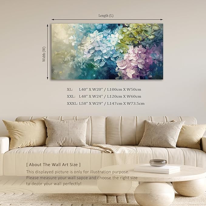 ADJUVANT Wall Art Impressionist Colorful Hydrangea 40" L x 20" W, Vibrant Hydrangea Blooms Canvas Painting Lush Petals Artwork Prints Floral Wall Decor for Living Room Bedroom Dining Room Home Office
