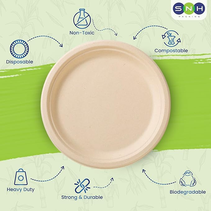 SNH Packing 100% Compostable Plates 7 Inch [125-Pack], Heavy Duty Dinner Paper Plates, Eco-Friendly Biodegradable Sugarcane Bagasse, Natural Brown Disposable Plates for Dessert, Party, BBQ & Picnic