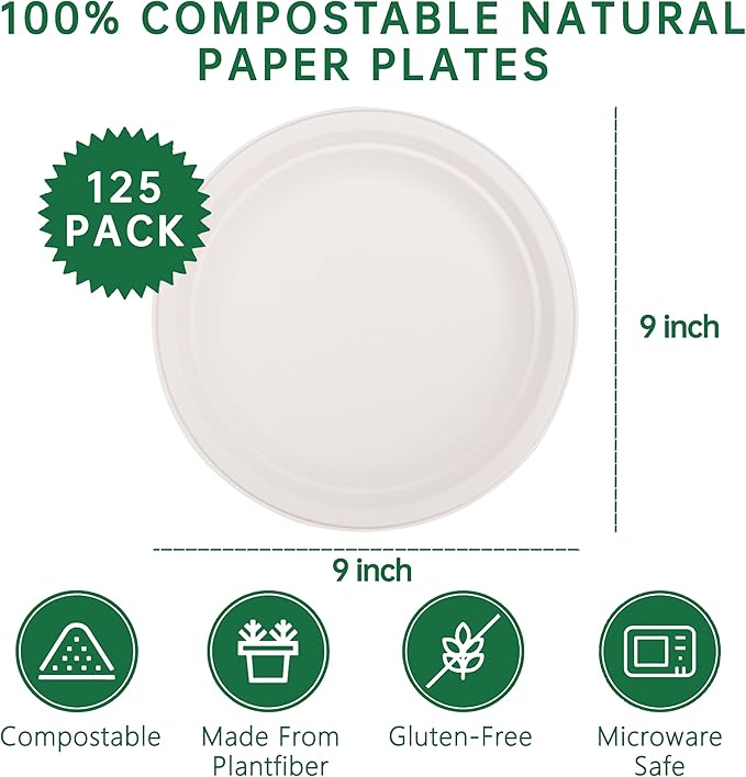 DaYammi 100% Compostable Paper Plates 9 Inch, 125-Pack Heavy Duty Paper Plates Bulk,Biodegradable Bagasse,Eco-Friendly Disposable Dinner Plate for BBQ,Picnic,Party (BPI Certified,Microwaveable)