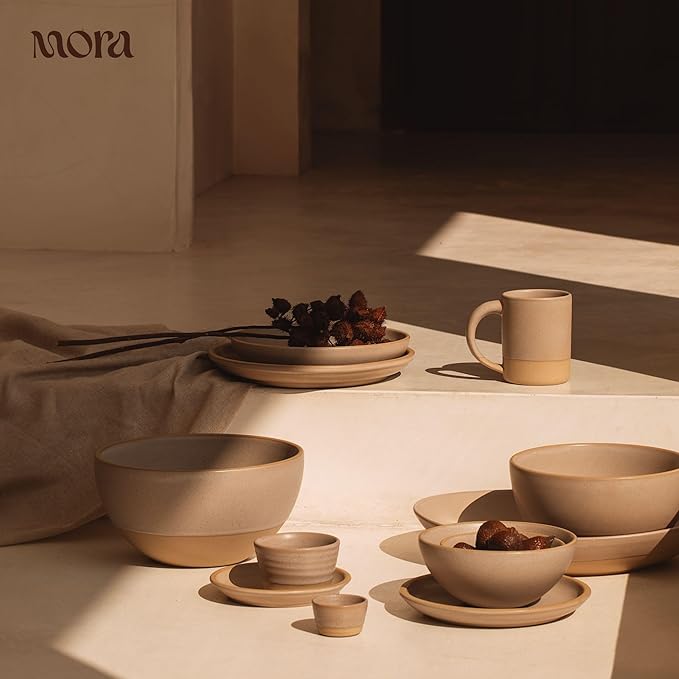 MORA Medium Dishes Set of 4, 30oz Ceramic Pottery Pasta Plate/Wide Bowls - Microwave, Oven and Dishwasher Safe - Mushroom