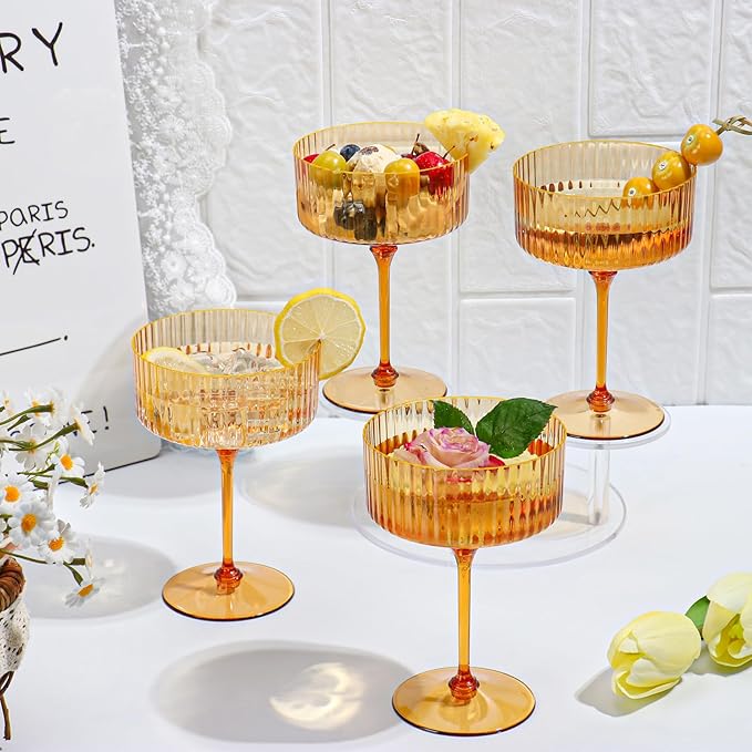 12 PCS Ribbed Coupe Glasses Amber Plastic Champagne Coupe Cup 10oz Detachable Gold Rim Espresso Martini Glass Vintage Margarita Glassware Cocktail Glass Disposable for Thanksgiving Wedding