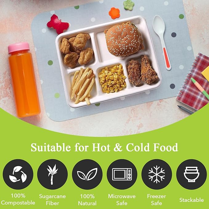 three leaf 5 COMPARTMENT BAGASSE (SCHOOL) TRAY 50 Ct. Heavy-Duty- Super Strong- Natural- Eco-Friendly Disposable Bagasse Plates, 100% Biodegradable 5 Compartment meal Plates