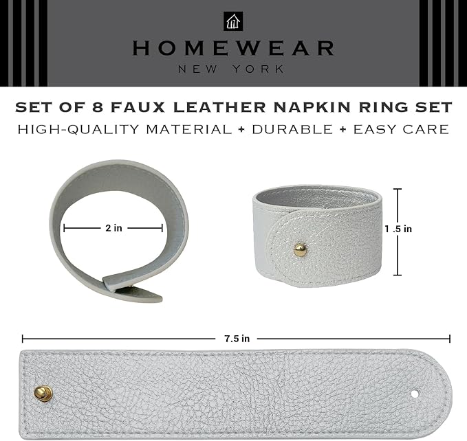 Luxury Leather Napkin Rings Set of 8, Silver, Morgan Faux Style, Modern Cuff Design for Wedding Party Decorations, Kitchen, Holiday Table,Rust Proof,Hotel, Home, Table Accessories, Dining