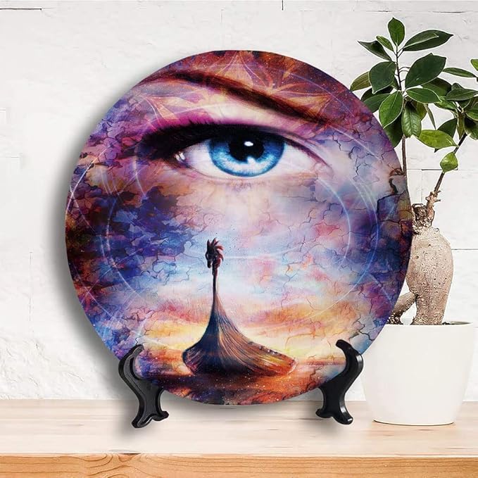 Ceramic Display Plate, Viking Ceramic Hanging Decorative Plate, Boat On The Beach and Woman Eye Boat with, 7 Inch, Household Custom Ceramic Plate, Multicolor