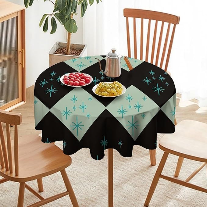 Retro Bohemian Mid Century Round Tablecloth, Abstract Modern Geometric Mid Century Tablecloth for Home Party Dining Room Kitchen Decor 70Inch(178cm)