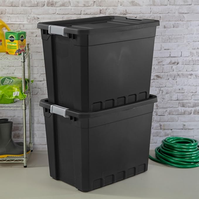 Sterilite 16-Pack Plastic Storage Bins with Lids, Stackable Containers, 27 Gallon, Black