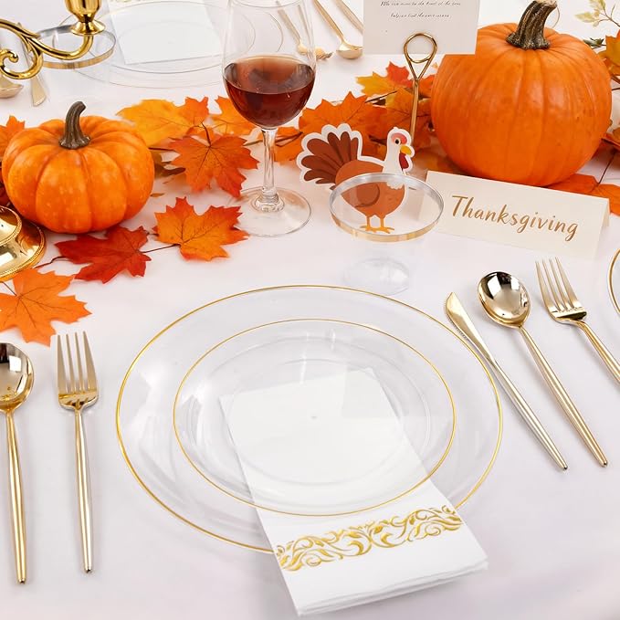 MirthMood 210Pcs Clear and Gold Plates for 30 Guests, Plastic Plates for Party, Includes:30 Dinner, 30 Dessert, 30 Paper Towels with 90 Silverware & 30 Cups