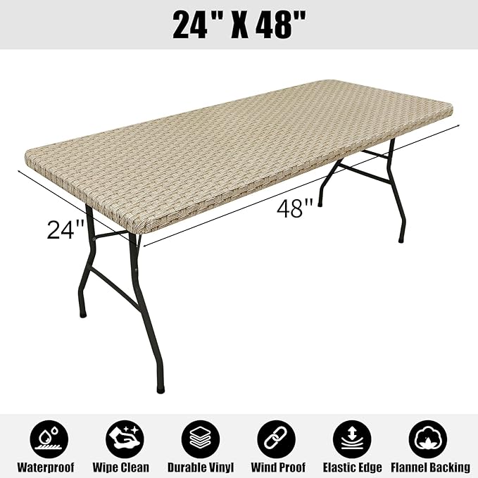 Smiry Rectangle Table Cloth Cover, Waterproof Elastic Fitted Picnic Tablecloth for 4 Foot Tables, Wipeable Flannel Backed Vinyl Tablecloths for Camping, Dining, Outdoor (Sand, 24" x 48")