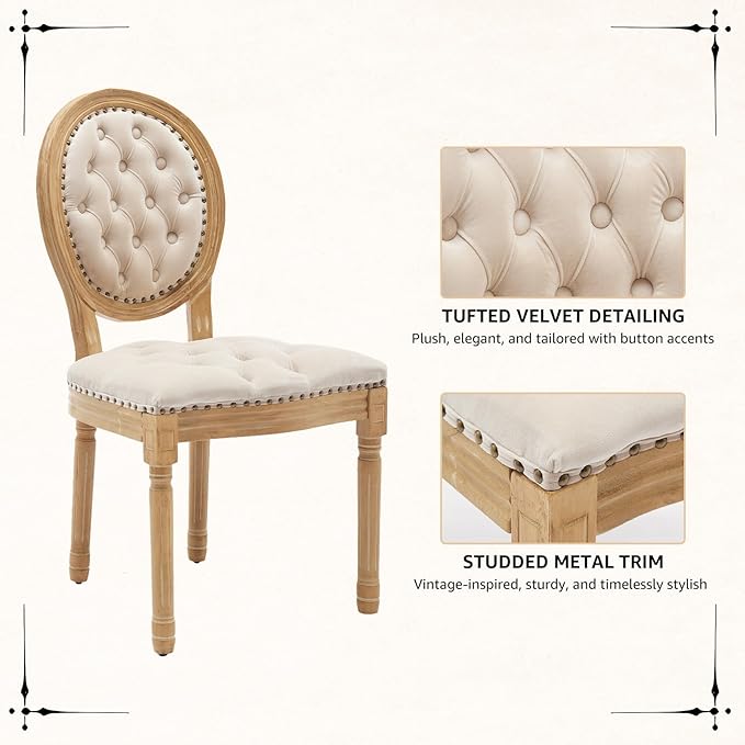 Vintage French Dining Chairs Set of 2, Round Back Velvet Upholstered Accent Chairs with Nailhead Trim and Solid Wood Frame, Elegant Sillas de Comedor for Dining Room & Kitchen, Beige
