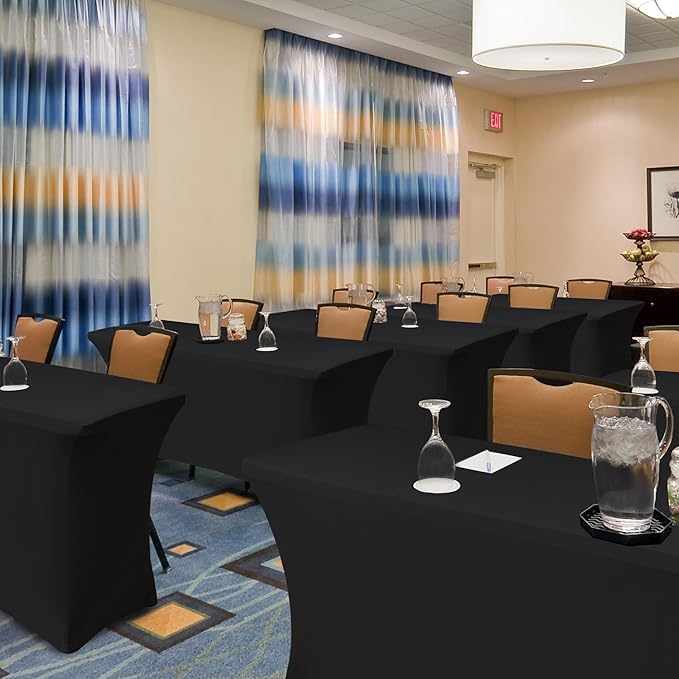 Spandex Table Cloths for 8 Foot Rectangle Tables-4 Pack Fitted Stretch Black Table Covers-Elastic Folding Tablecloths for Party, Vendor Booth Display, Banquet Buffet Event, Craft Trade Show