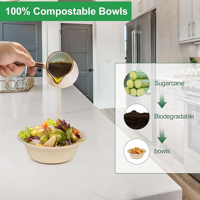 Paper Bowls 10 oz, 100 Pack Small Disposable Bowls, Heavy Duty Paper Bowls for Hot Soup, Salad, Dessert, 100% Compostable Biodegradable Microwavable Safe