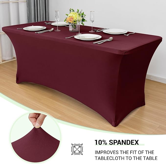 Obstal 6 Pack Stretch Spandex Table Covers for 8 Foot Tables - 8 FT Universal Rectangular Fitted Tablecloth Protector for Wedding, Banquet, Party, Wine Red, 96 Length x 30 Width x 30 Height Inches