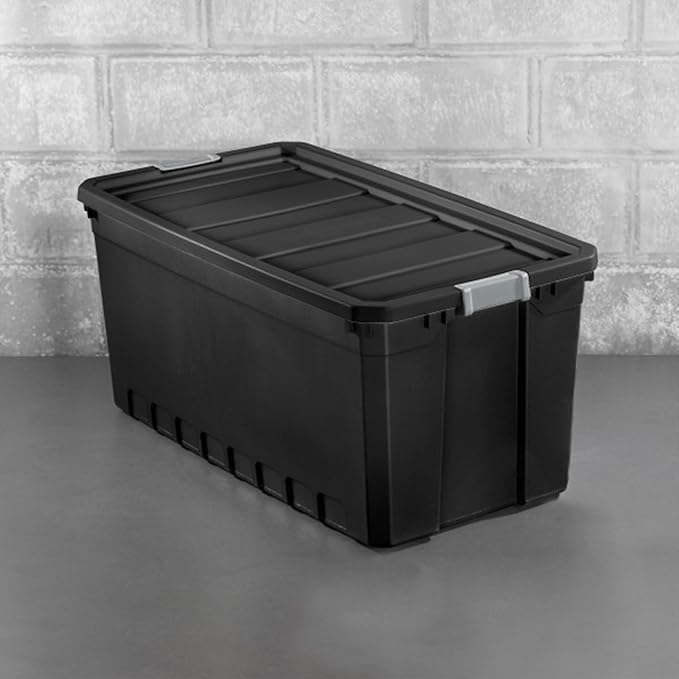 Sterilite 9-Pack Plastic Storage Bins with Lids, Stackable Containers, 50 Gallon, Black