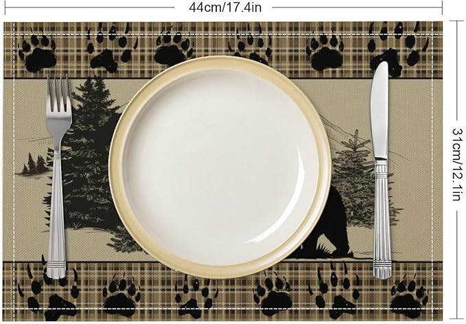 Retro Farmhouse Placemat Set, Rustic Brown Tartan Check Wildlife Bear Paw Silhouette Sketch Pine Tree Forest Pattern Home Decoration Linen Table Mats for Dining Room Kitchen Party (17x12in) x6P