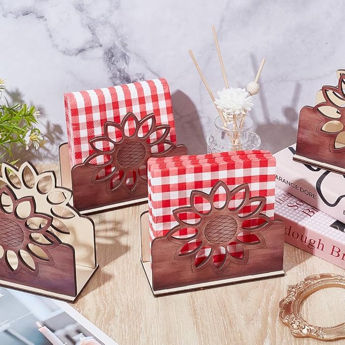 4 Sets Sunflower Napkin Holder, 5.51 x 2.56 x 4.72 Inch Wooden Cocktail Napkin Stand Wood Farmhouse Table Decor Rustic Kitchen Countertop Napkins for Kitchen Counter Dining Room