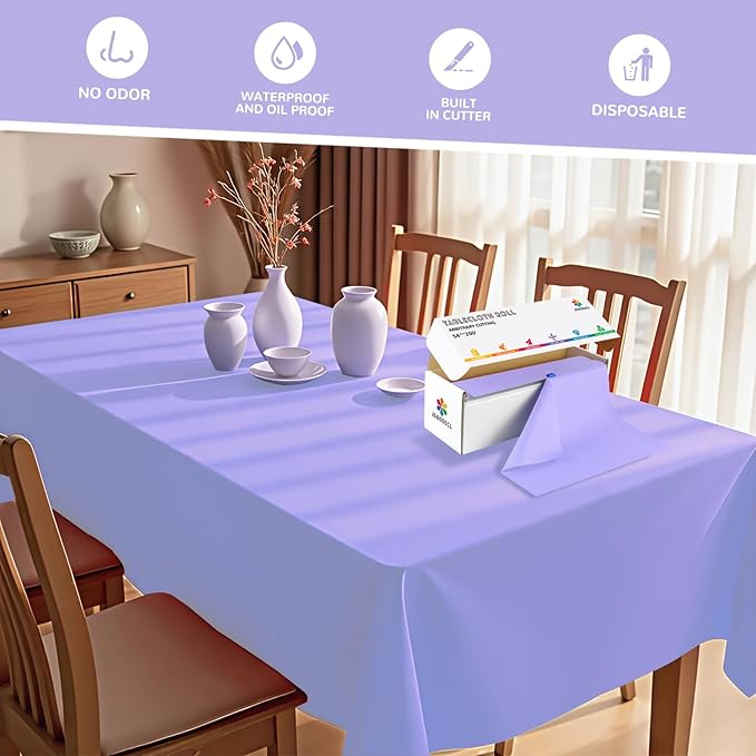54 Inch X 200 Feet Plastic Table Cover Roll with Convenient Slide Cutter, Disposable Plastic Table Cloth Roll with Cut-to-Size Design for Weddings, Banquets, Parties (Light Purple)