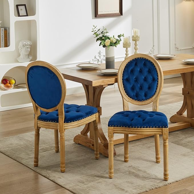 Vintage French Dining Chairs Set of 2, Round Back Velvet Upholstered Accent Chairs with Nailhead Trim and Solid Wood Frame, Elegant Sillas de Comedor for Dining Room & Kitchen, Blue