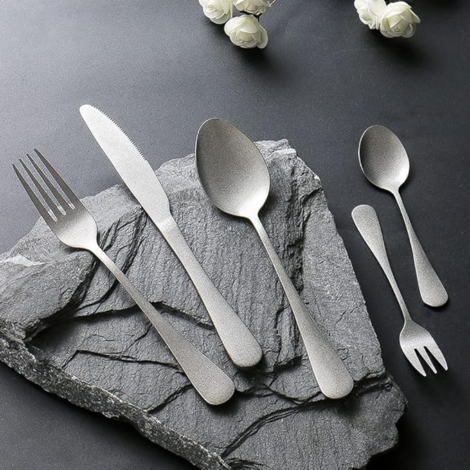 Matte Silverware Set for 12 Stainless Steel Flatware Set Vintage Style Delicate Cutlery Utensils 60 Piece Include Knives Forks and Spoons Tableware Set for Home Kitchen Wedding Restaurant