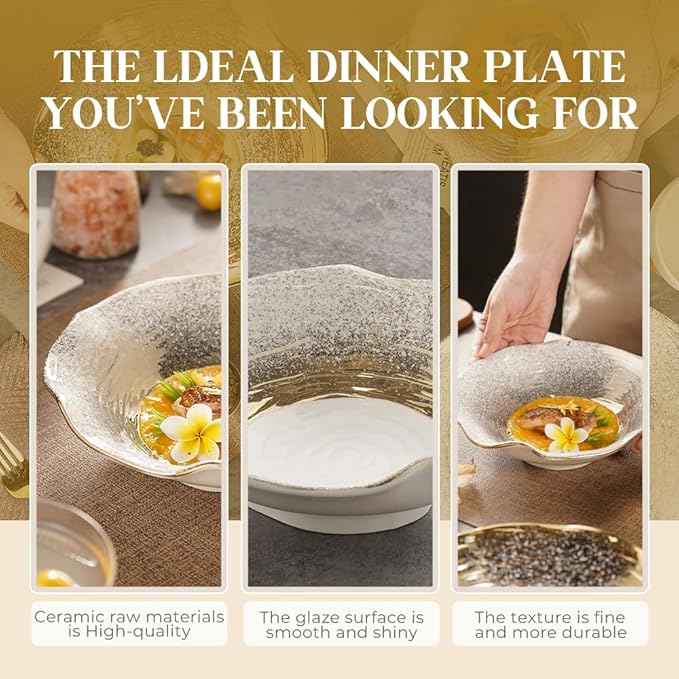 Set of 4 Lotus Edge Ceramic Bowls, 9.3-Inch Gradient Gold Design Soup Bowls with Wavy Rim, 23.5cm Food-Safe Porcelain for Dining & Gifting
