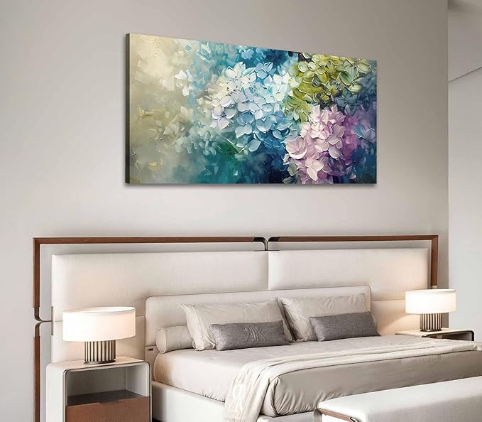 ADJUVANT Wall Art Impressionist Colorful Hydrangea 40" L x 20" W, Vibrant Hydrangea Blooms Canvas Painting Lush Petals Artwork Prints Floral Wall Decor for Living Room Bedroom Dining Room Home Office