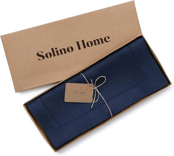Solino Home Linen Navy Blue Table Runner 48 Inches - Classic Hemstitch, 100% Pure Linen Coffee Table Runner 14 x 48 Inch Ideal for Dresser Tables - Easter