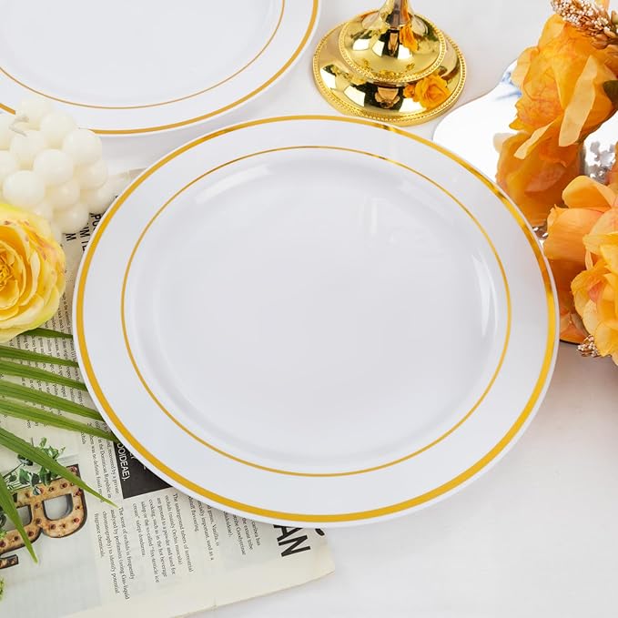 bUCLA 30PCS White and Gold Plastic Dinner Plates Disposable - 10.25inch Premium White Gold Rim Plates, Ideal for Wedding & Party