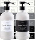 Hand and Dish Soap Dispenser for Kitchen and Bathroom, Set of 2 16 Oz Glass Bottles, Stainless Steel Pumps, Non-Slip Silicone Base, 27 Waterproof Labels (Matte White Bottle/Black Pump)