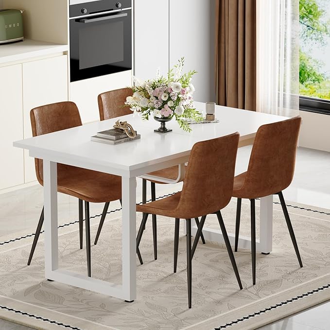 Extendable Dining Table Set for 4, 55"–71" Modern White Kitchen Table with 4 Upholstered Chairs, Space-Saving for Living Room Apartment, Sturdy & Comfortable, Easy Assembly