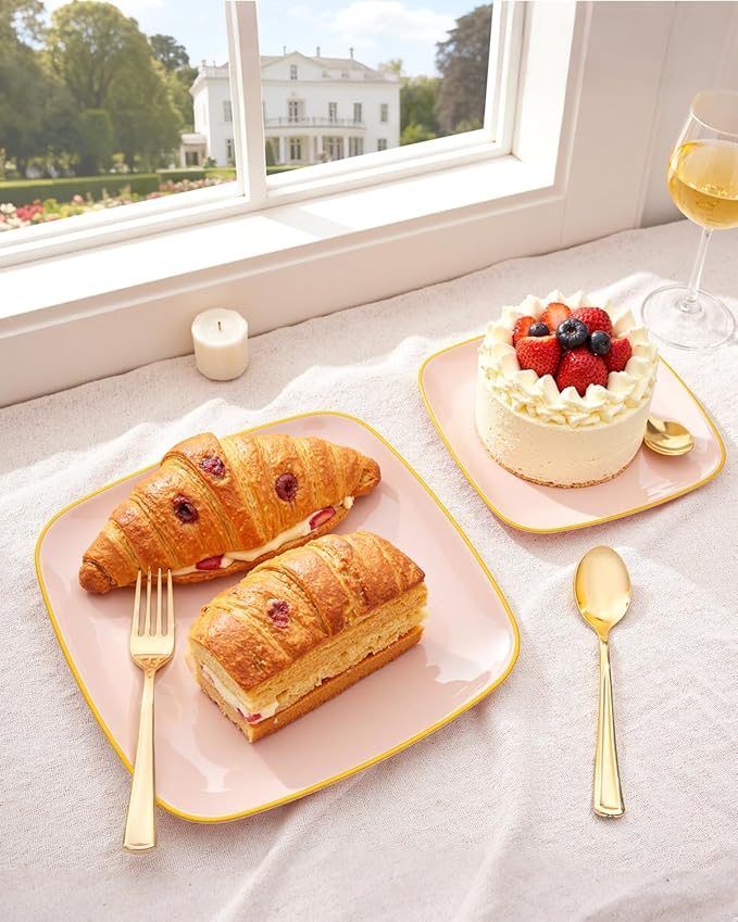 bUCLA 100PCS Pink Plastic Plates - Heavy Duty Square Pink and Gold Disposable - Include 50 Dinner 10 inch & 50 Dessert 7.25 inch Plates for Party & Valentines Day