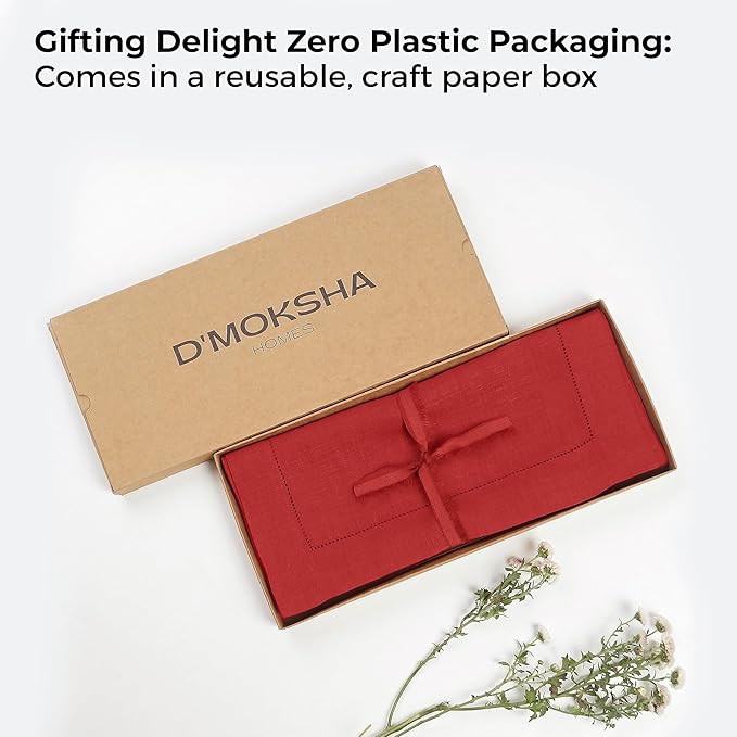 D'Moksha Homes Linen Bright Red Table Runner 108 Inches Long - 100% Pure Linen 14 x 108 Inch Table Runner for Valentines, Spring, Easter - Classic Hemstitch