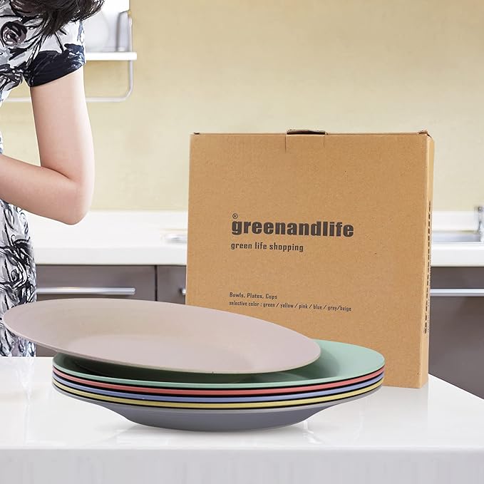 greenandlife 10inch/6pcs Dishwasher & Microwave Safe Wheat Straw Plates - Lightweight Reusable Unbreakable Dinner Plates, Non-toxin, BPA Free and Healthy for Kids & Adults