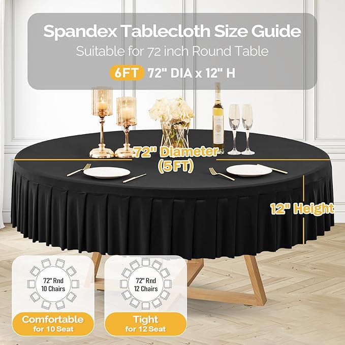 6 Pack Black Spandex Round Tablecloths for 72in Table, Stretchy Fitted 6FT Round Table Cloths, Wrinkle Free Table Cover with Skirt for Wedding Birthday Party Bridal Shower Banquet