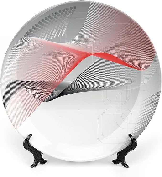 Ceramic Plates, Abstract Decorative Ceramic Plates, Modern Geometric Squares Dots Curves Waves, 7 Inch, Household Plates Decorative, Red Grey Black