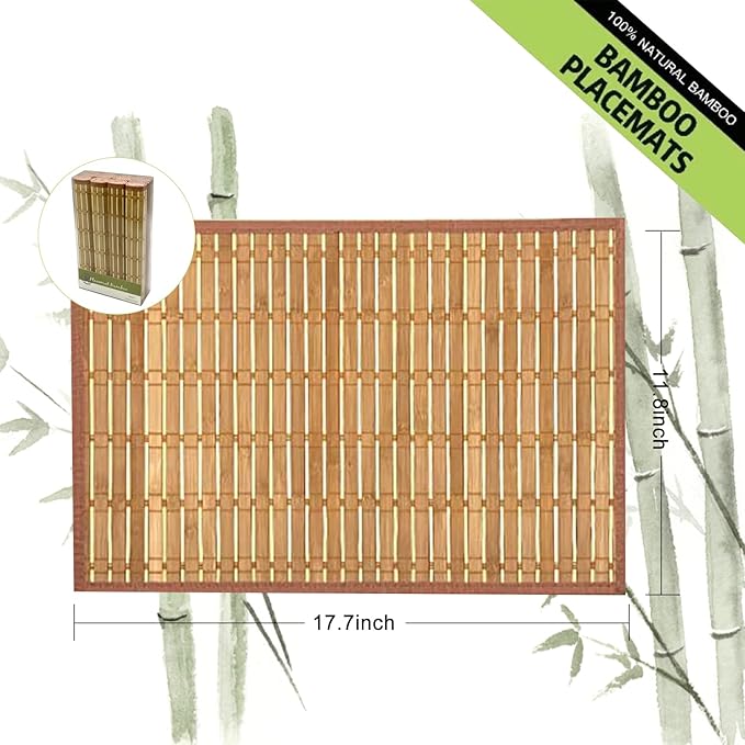 ANDSTAR Set of 8 Pcs Bamboo Placemats with Fabric Border Japanese Style Natural Anti-Slip Bamboo Placemats Washable Heat-Resistant Table Mats for Dining Room and Kitchen（Coffee）