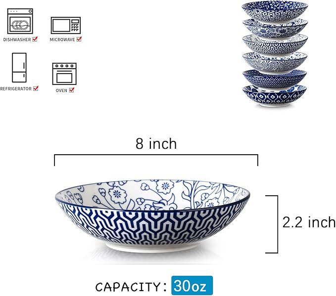 Selamica Ceramic 30oz Large Pasta Salad Bowls 8 Inch Wide and Shallow Soup Bowls, Stackable, Microwave and Oven Safe, Set Of 6, Vintage Blue