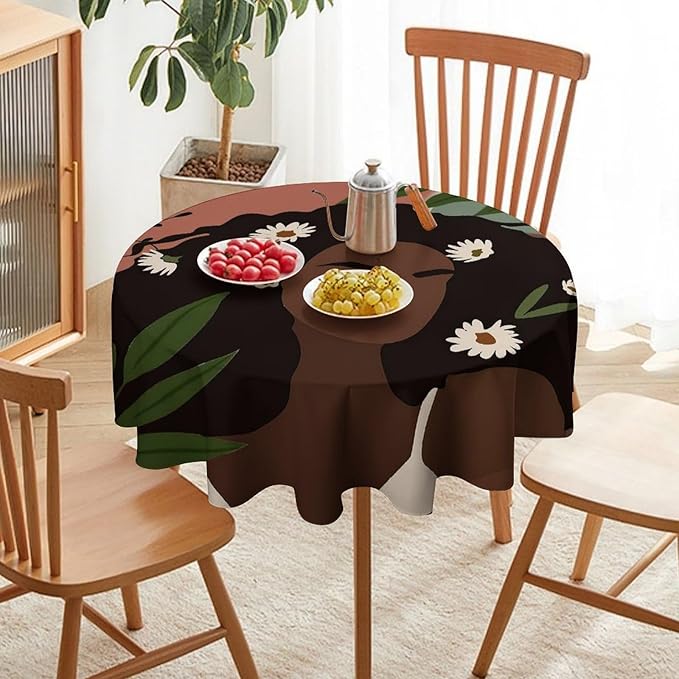 Bohemian Retro Mid Century Round Tablecloth, African Woman Girl Leaves Flower Tablecloth for Home Party Dining Room Kitchen Decor 60Inch(152cm)