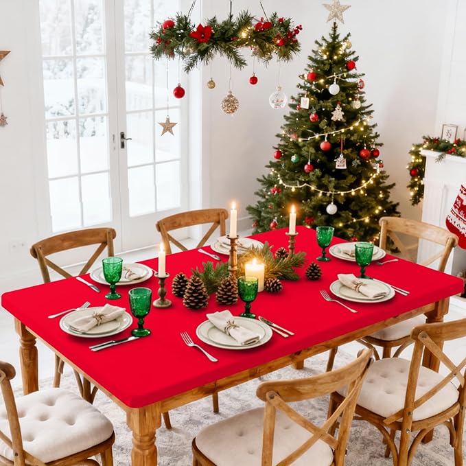 Smiry Rectangle Tablecloth, Elastic Fitted Flannel Backed Vinyl Tablecloths for 5ft Folding Tables, Waterproof Wipeable Table Covers for Indoor, Outdoor, Picnic and Camping (Red, 36"x60")