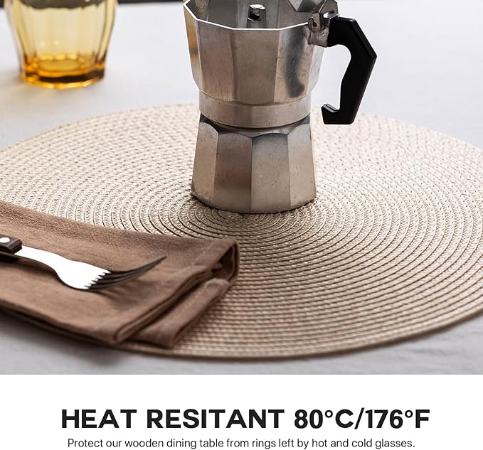 Round Placemats Set of 12 Plastic Woven Placemats Washable Wipeable Table Mats for Dining Table Heat Resistant Non-Slip Circle Place Mats (Beige)