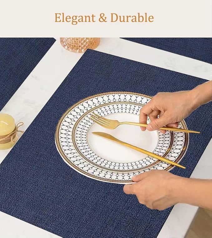 DACHUI Placemats Set of 8, Linen Look Woven Place Mats, Water Resistant, Heat Resistant, Washable, Durable Table Mats (Navy Blue)