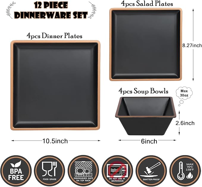 Melamine Dinnerware Sets Service for 4, Square Dinner Plates and Bowls Set,12-Piece Set Non-breakable Lightweight Dinner Tableware for Indoor/Outdoor Use